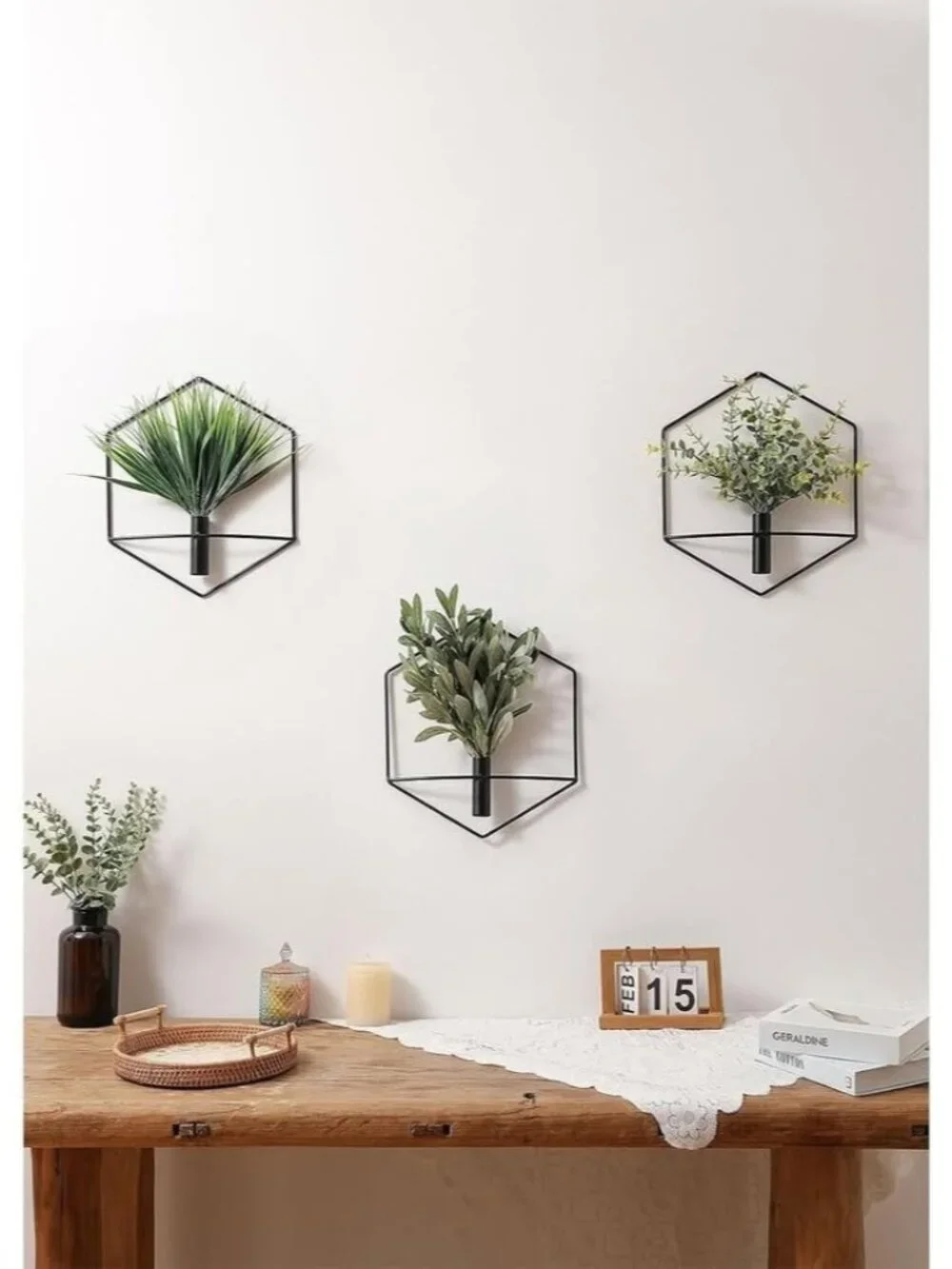 Boho Living Room Honeycomb Plant Wall Art